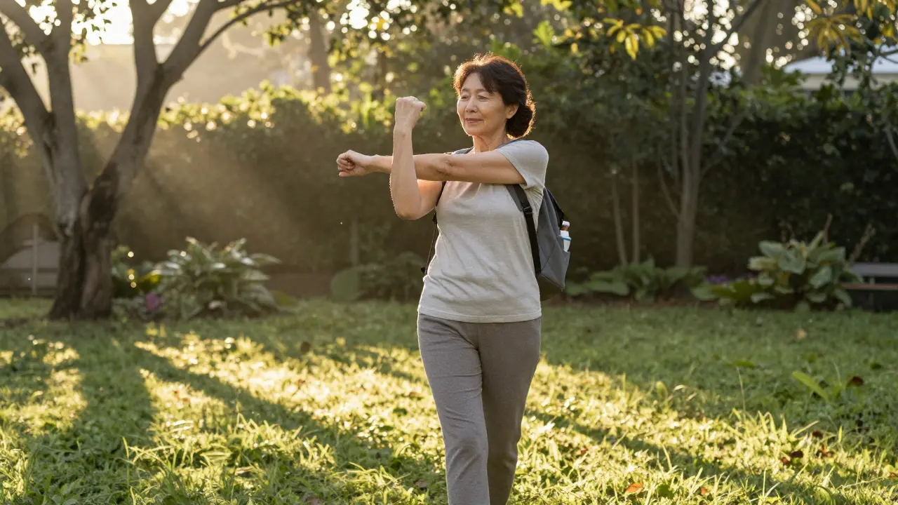 Žena v 50. letech kráčí v zahradě na ranním světle, vykazuje známky zlepšené pohyblivosti.