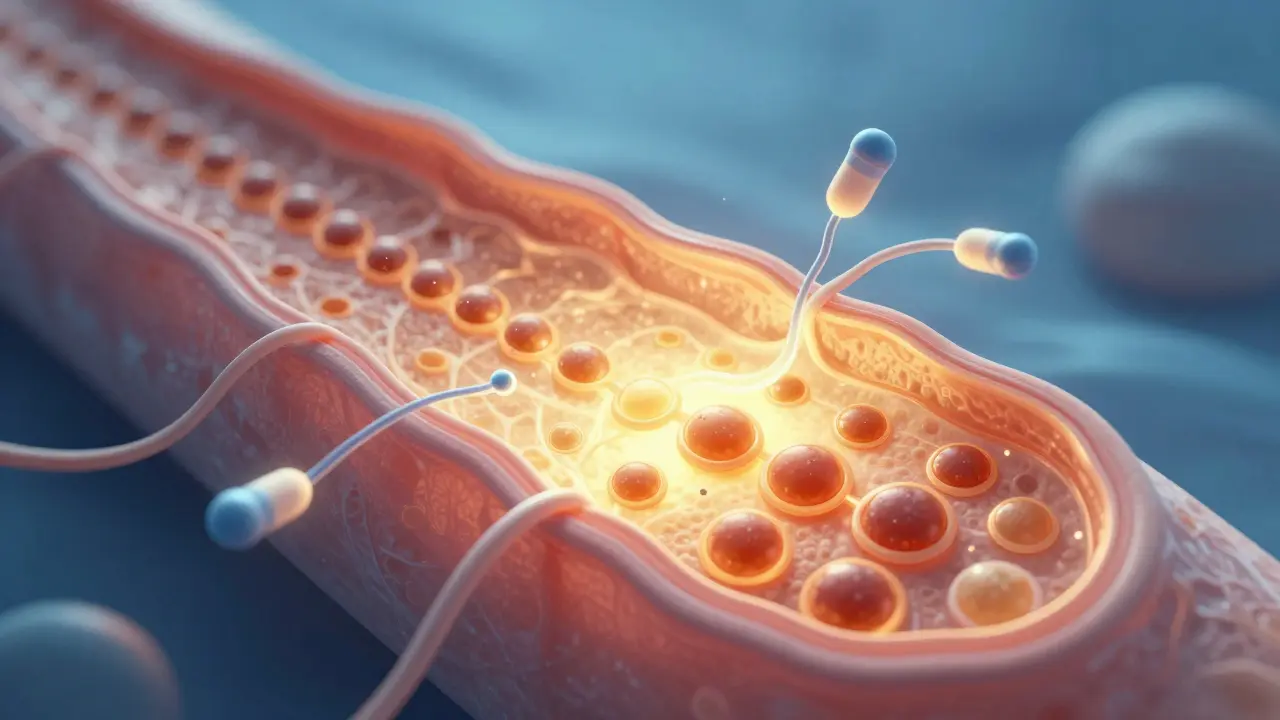 Zvětšený pohled na matrici nehtu s aktivními buňkami a živinami tekoucími do ní.