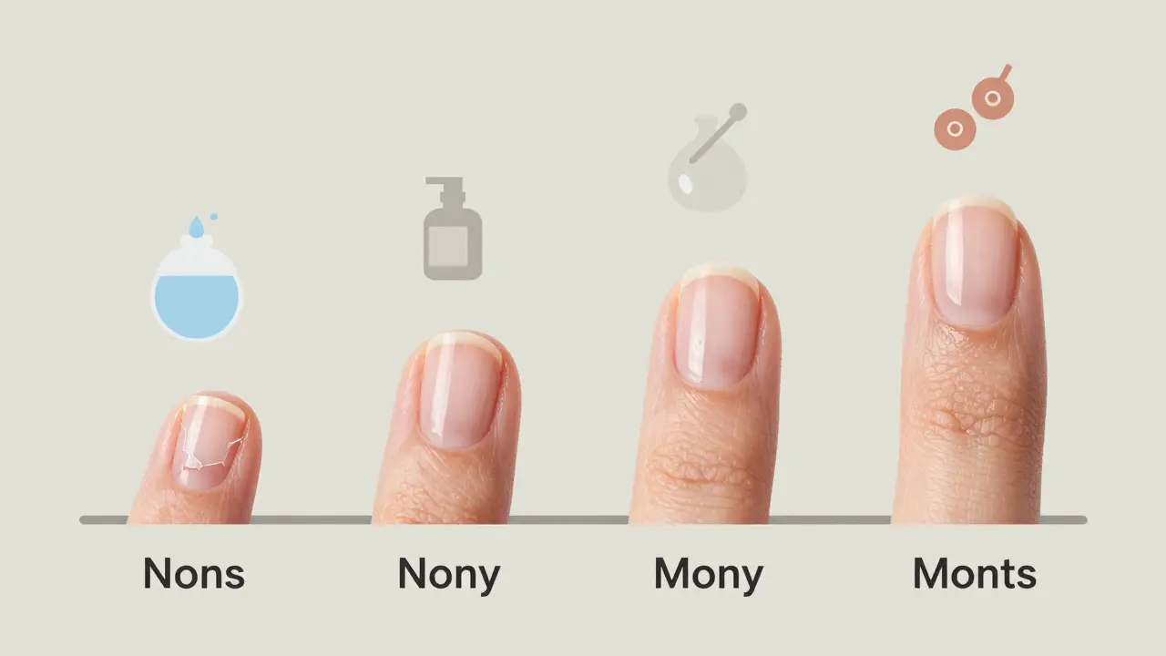 Časová osa slabých nehtů přeměněných na pevné během čtyř měsíců.