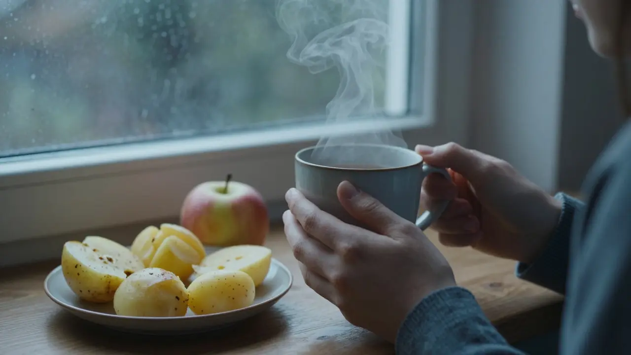 Člověk pije kmínový čaj s vařenými bramborami a jablky