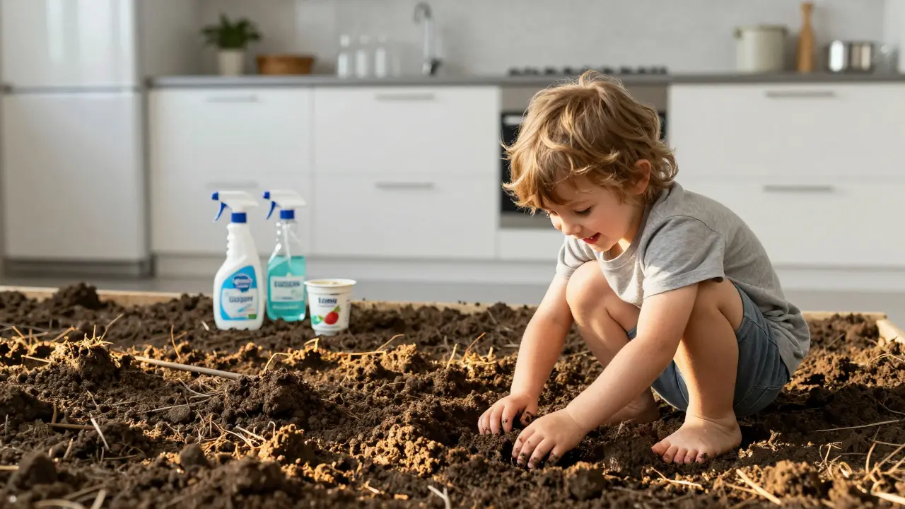 Dítě hrající v půdě vedle sterilní kuchyně — přírodní expozice vs. přílišná hygiena.