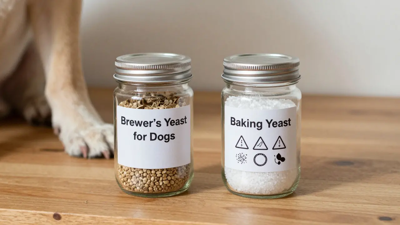 Dvě sklenice s kvasnicemi: jedna bezpečná pro psy, druhá s nebezpečnými přísadami.