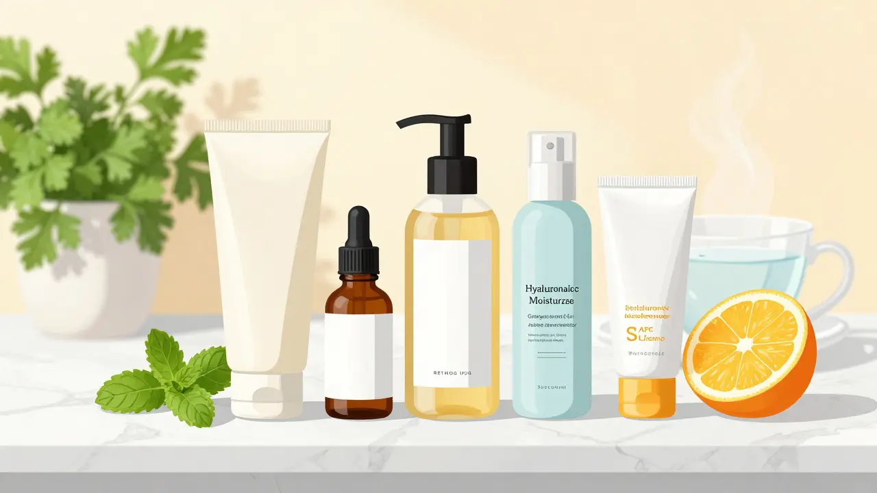 Five skincare products arranged with herbs and citrus fruits on a marble surface.