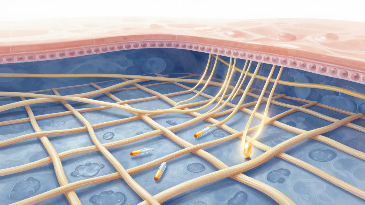Ilustrace kůže s kolagenovými vlákny a aktivovanými fibroblasty pod vlivem rybího kolagenu.