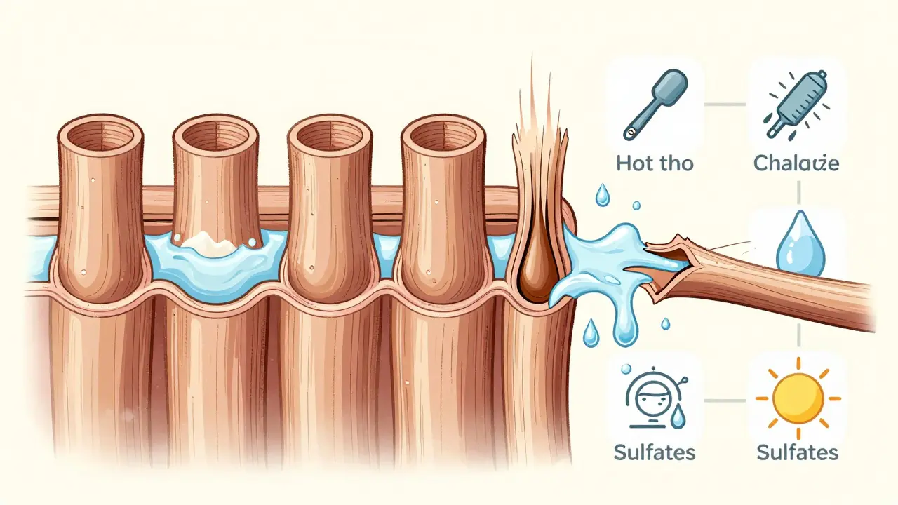 Ilustrace zdravých a poškozených vlasových vláken s příčinami suchosti.