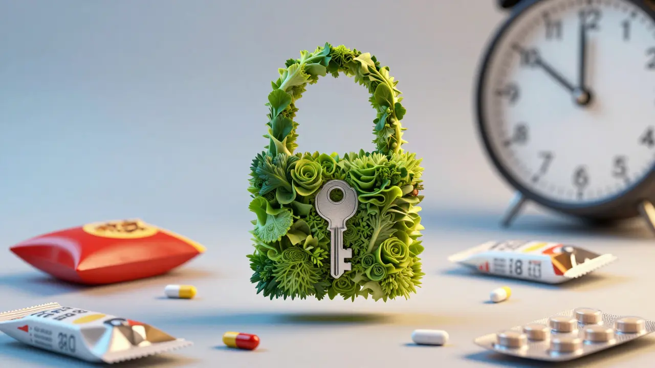 Klíč zeleniny vkládaný do zámku tvaru břicha, kolem něj balíčky rychlého občerstvení a hodiny.