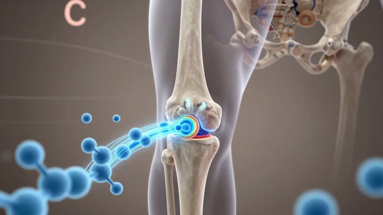 Klouby s proudem kolagenových peptidů a molekulami vitamínu C v anatomickém prostředí.