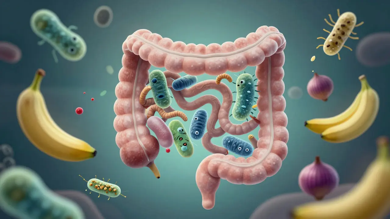 Konceptuální obrázek střev s přátelskými bakteriemi a prebiotickými potravinami.