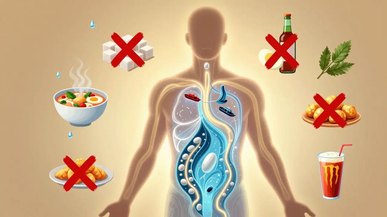 Kreslené znázornění těla s podporujícími a škodlivými látkami při horečce.