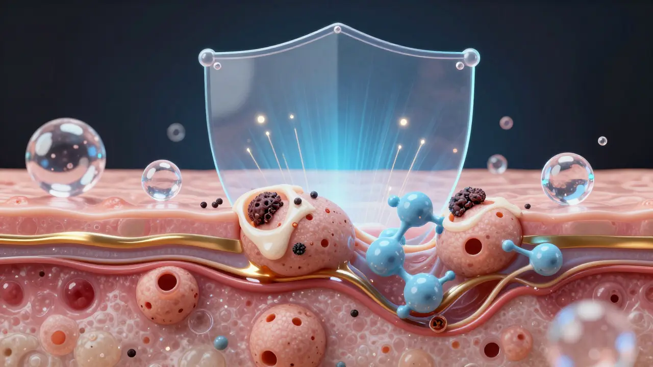 Křížový řez pokožky s aktivními látkami čistícími a obnovujícími póry.