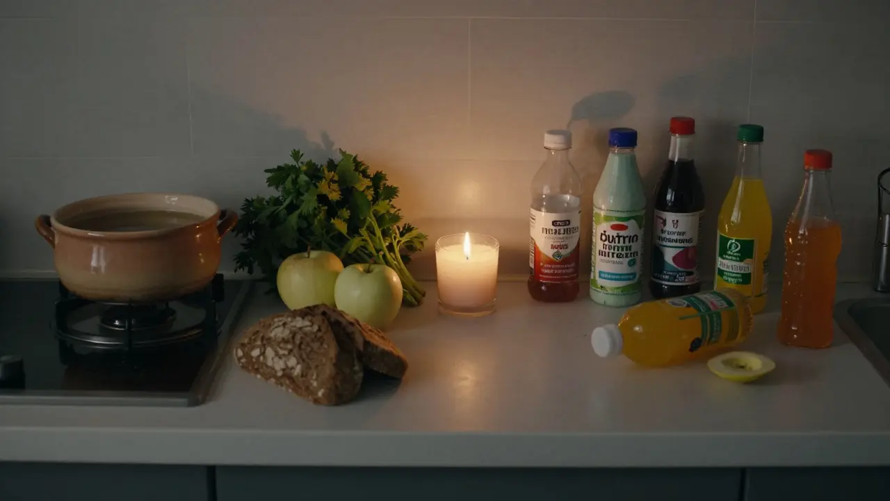 Kuchyňský stolek s jednoduchými potravinami na jedné straně a odmítnutými detox produktами na druhé.