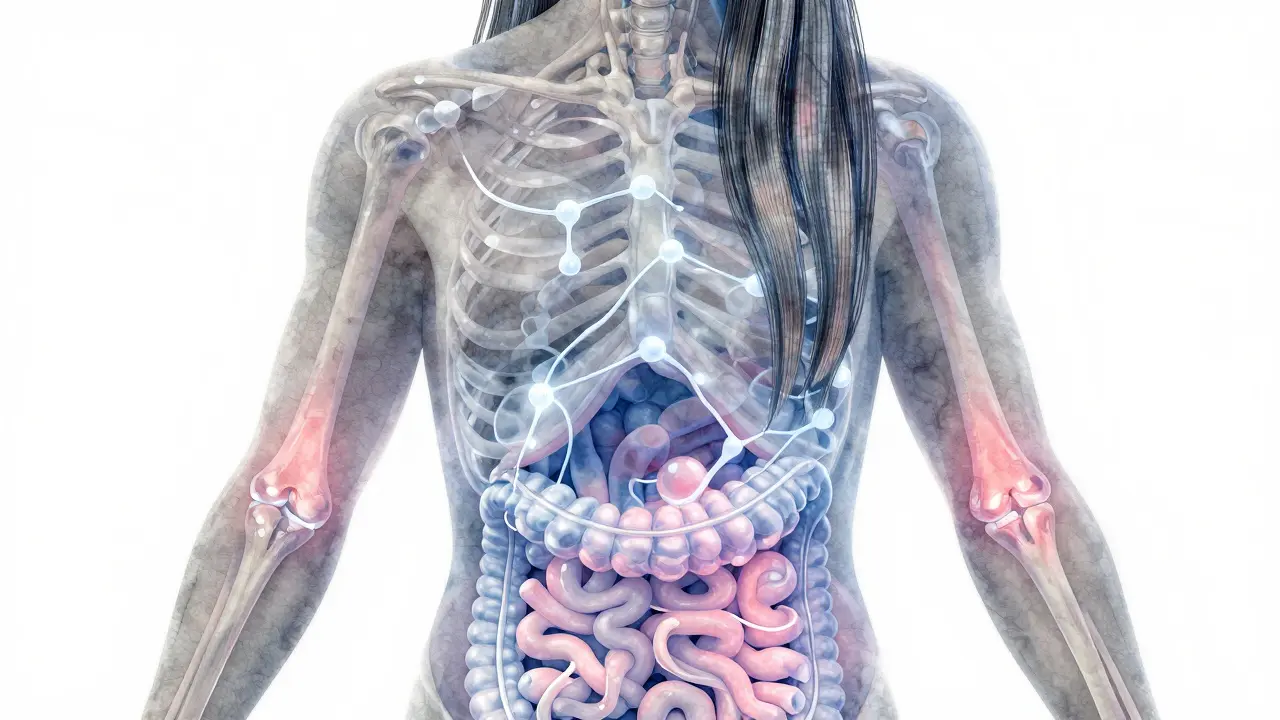 Lidský silueta s světelnými cestami kolagenu, které se rozprostírají k pokožce, kloubům, vlasům a nehtům.