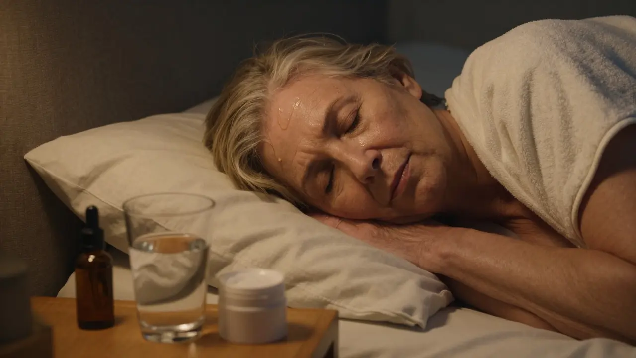 Noční péče o starou kůži: tenký šátek, olej a sklenice vody na nočním stolku.