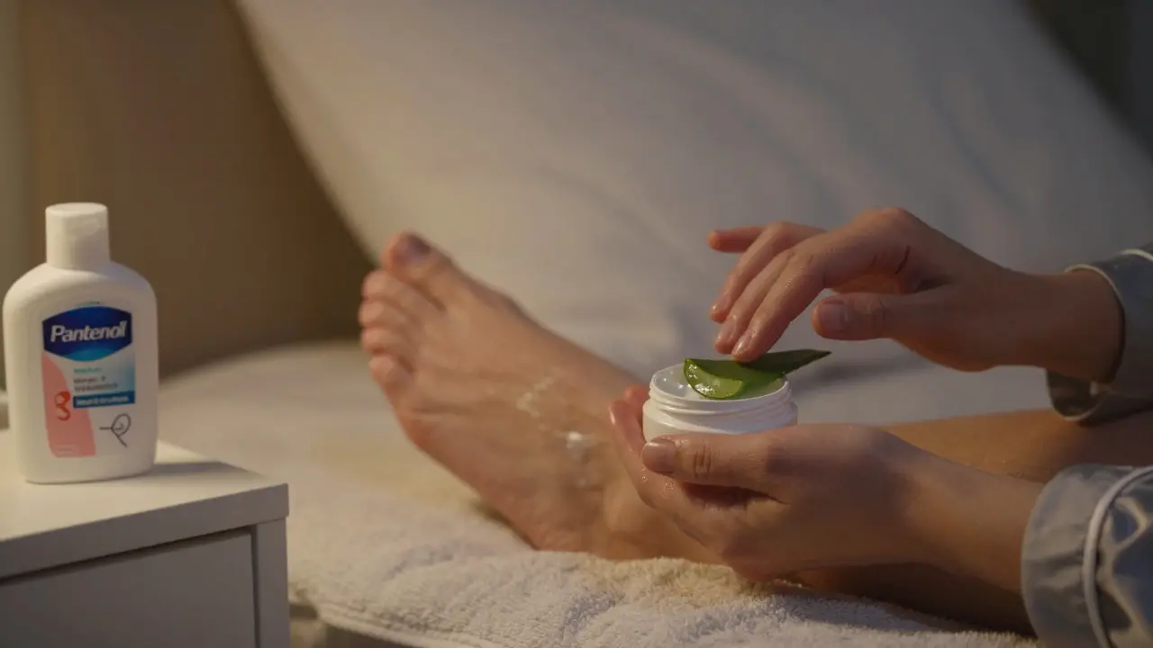 Osoba aplikuje uklidňující krém na oholenou pokožku večer v klidném prostředí.