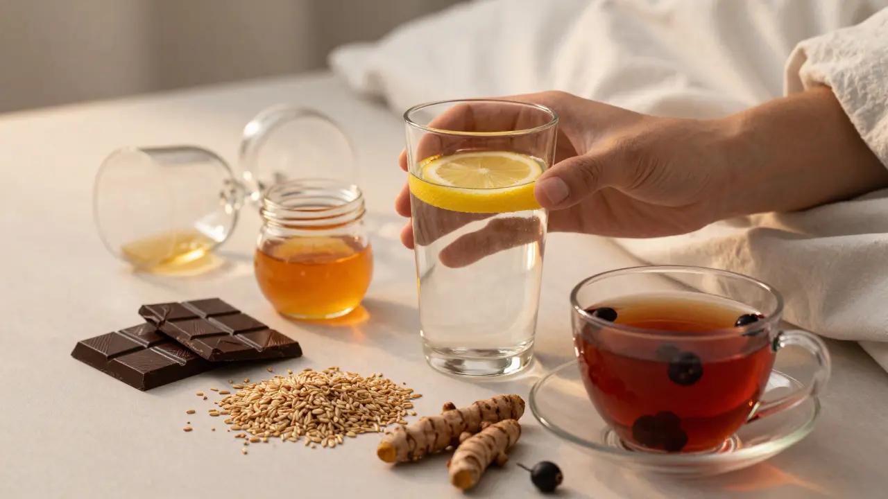 Osoba se probouzí a pije teplou vodu s citronem a medem, kolem ní přírodní látky podporující detoxikaci.