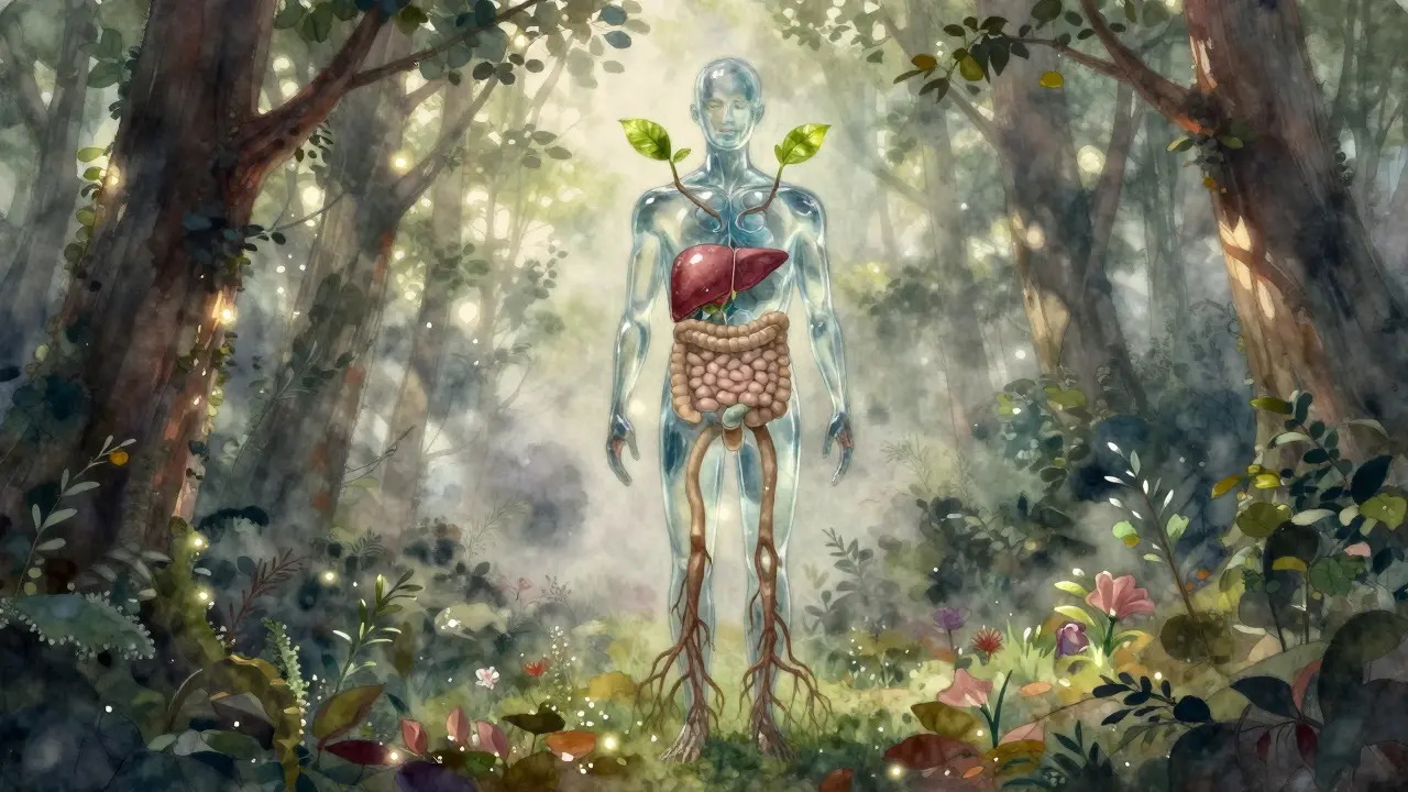 Postava v lese s tělem přeměňujícím se na průhlednou strukturu, kde rostou kořeny a listy, symbolizující obnovu zdraví po sedmi dnech bez alkoholu.