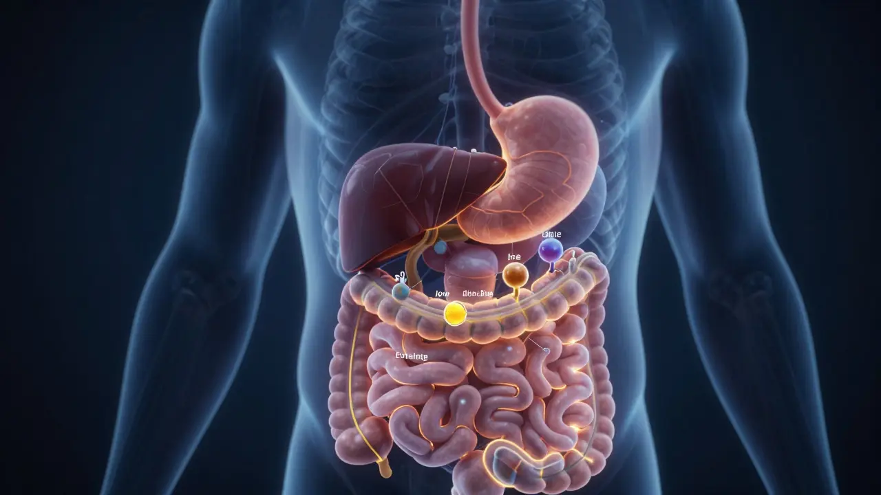 Průhledný lidský organismus ukazující cestu alkoholu z žaludku přes játra k přeměně na méně toxické látky.
