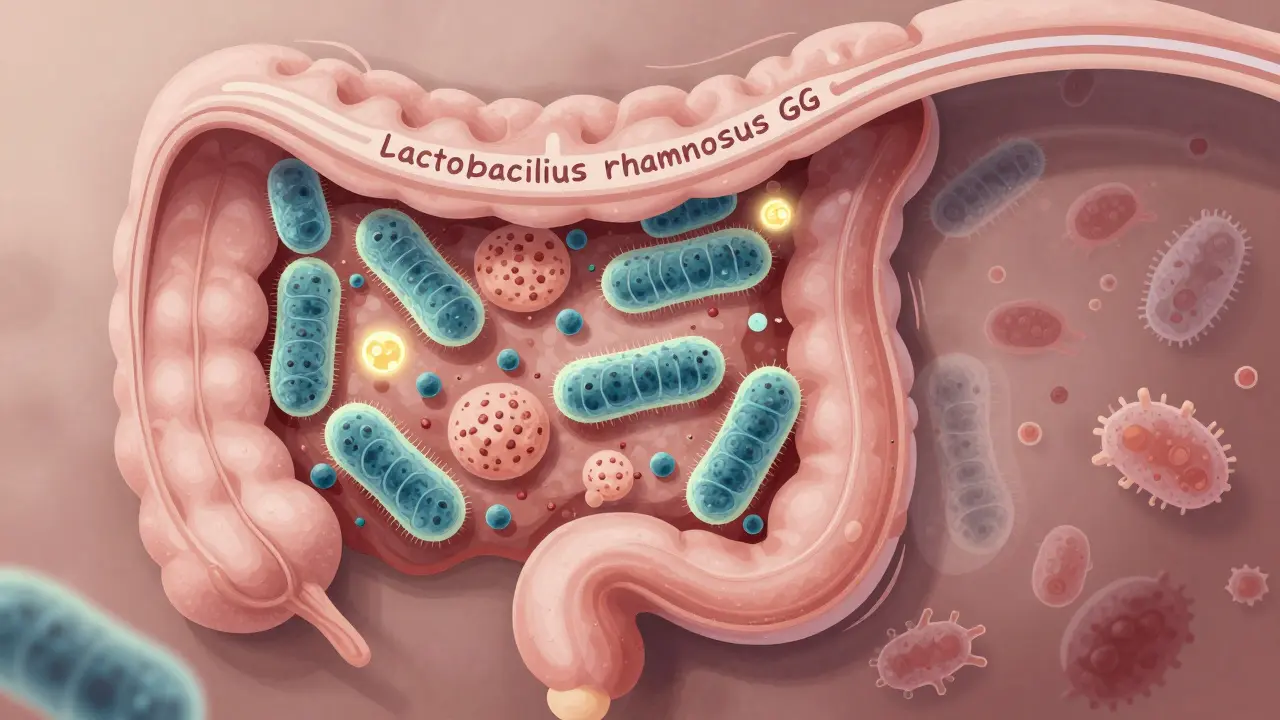 Průřez střev s zdravými bakteriemi a vlákninou v kontrastu s oslabenými patogenními bakteriemi.