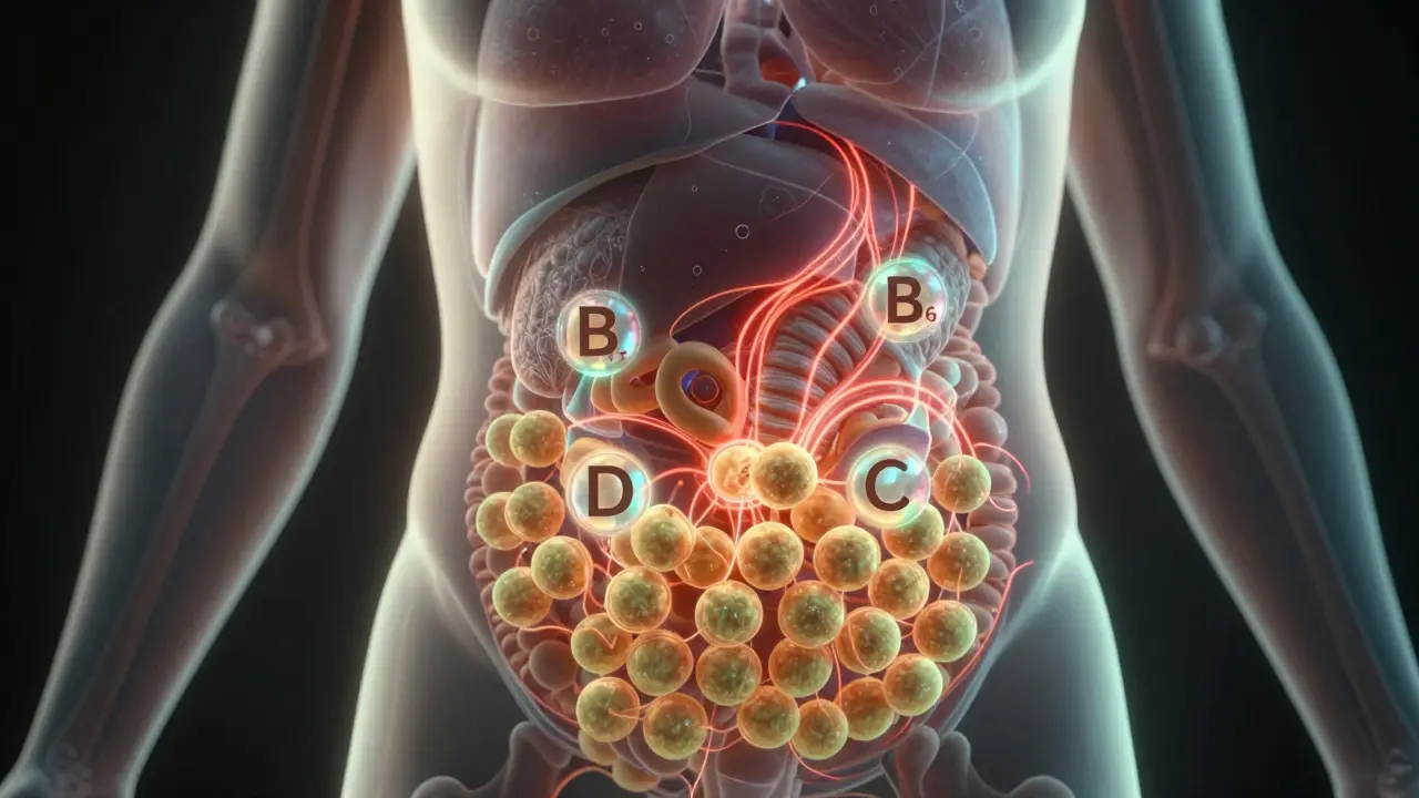 Průřez tělem s vitamíny a minerály aktivujícími spalování tuku v břišní oblasti.