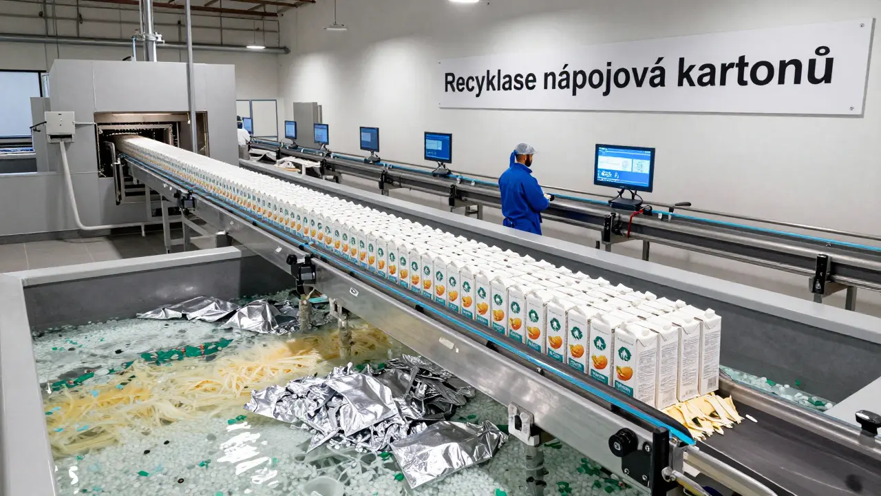 Recyklační linka v Třebíči odděluje vrstvy nápojových kartonů na papír, plast a hliník.