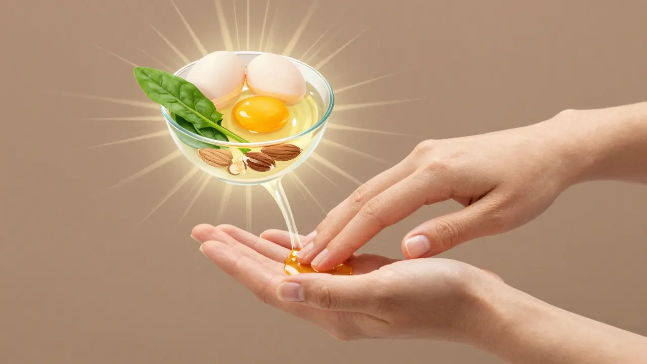 Ruce masírující kastorový olej, s potravinami bohatými na biotin ve výši.