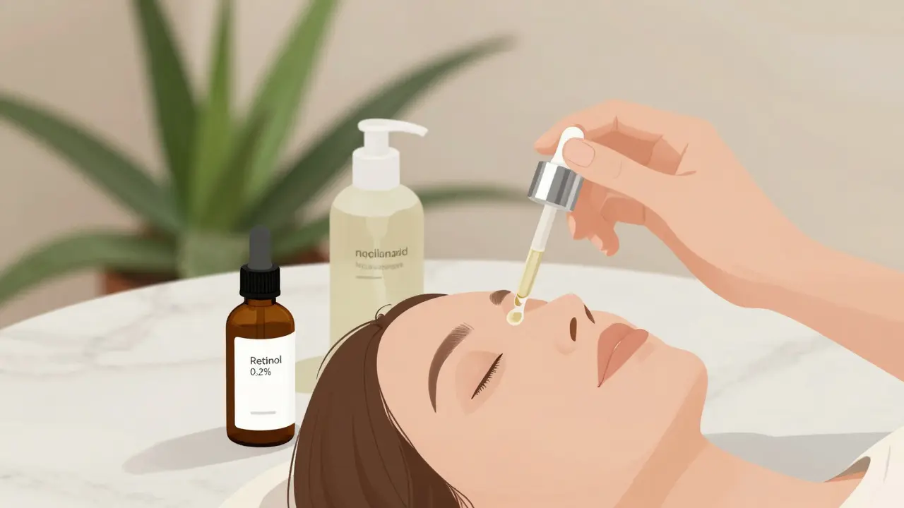 Ruka aplikuje sérum na obličej s léčivými složkami pro péči o póry.