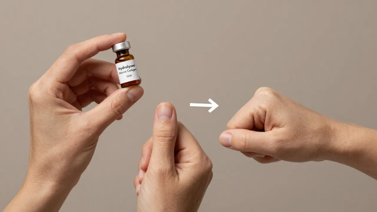 Rukou držená lahvička kolagenového prášku vedle znaků stárnutí, které se mění v zdravou kůži.