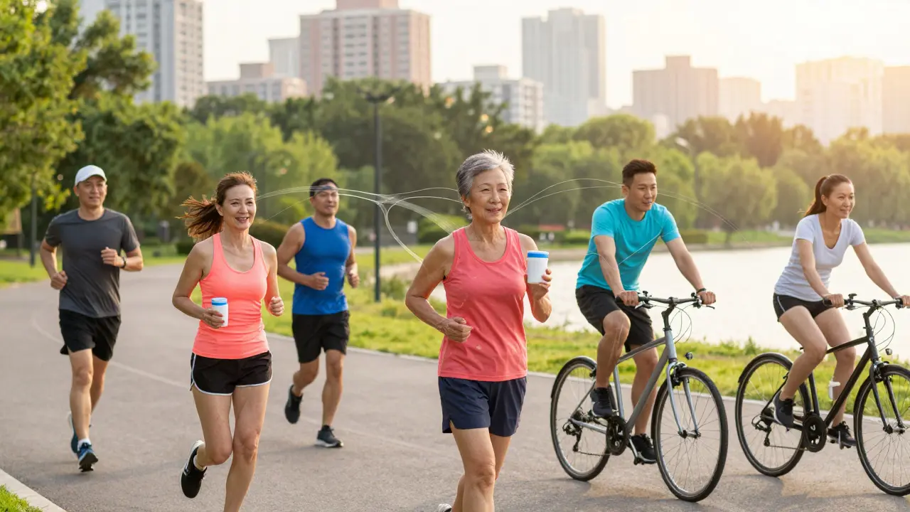 Různé věkové skupiny cvičící v parku, symbolizující podporu kloubů pomocí rybího kolagenu.