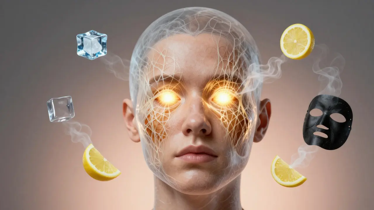 Translucent face with collagen fibers tightening pores, fading ineffective remedies in smoke.