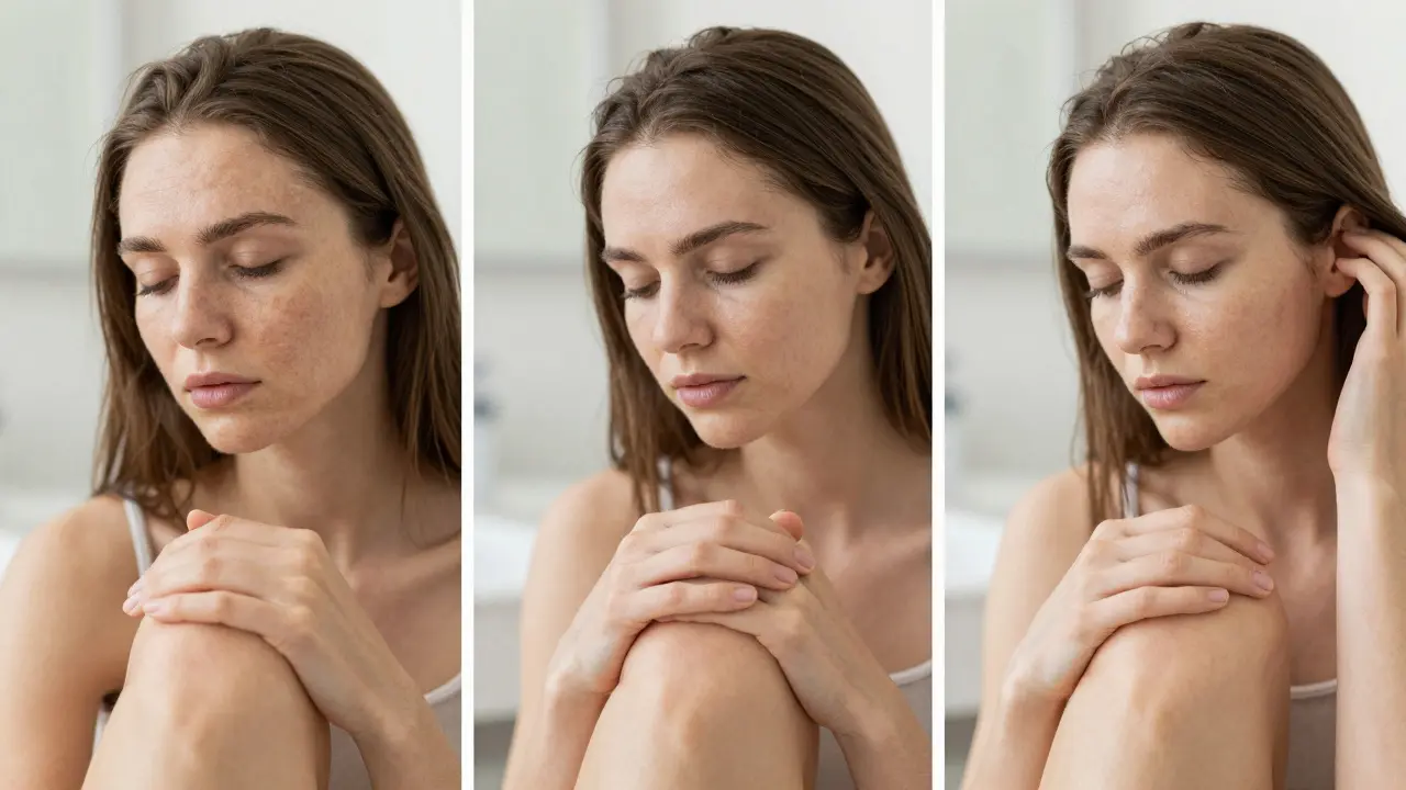 Tři obrazy pokožky ženy během 8 týdnů: od suché a vráskavé po zářivou a hydratovanou.