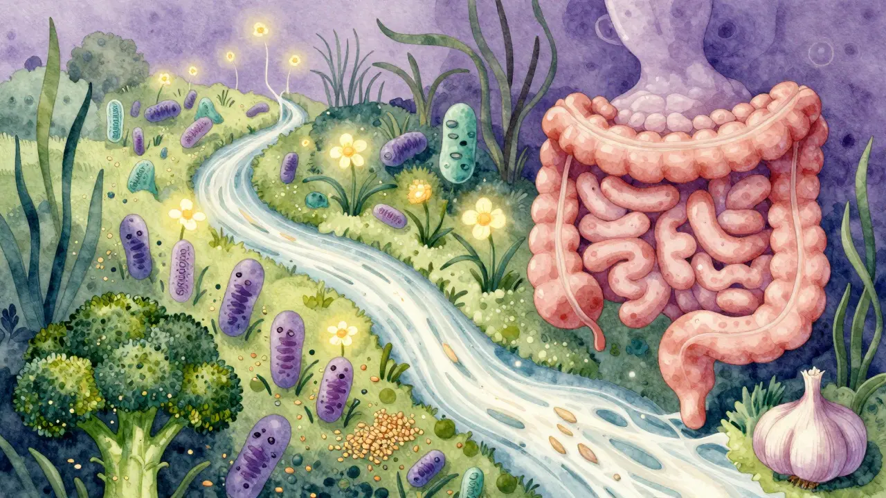 Umělá reprezentace střevní mikroflóry jako zahrady s probiotickými bakteriemi jako květy.