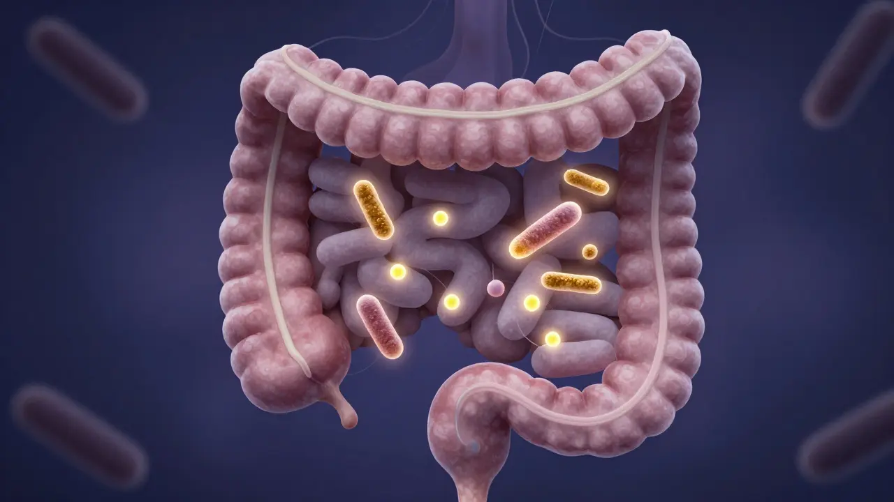 Uvnitř střev psa plné svítících kvasinek a užitečných bakterií.