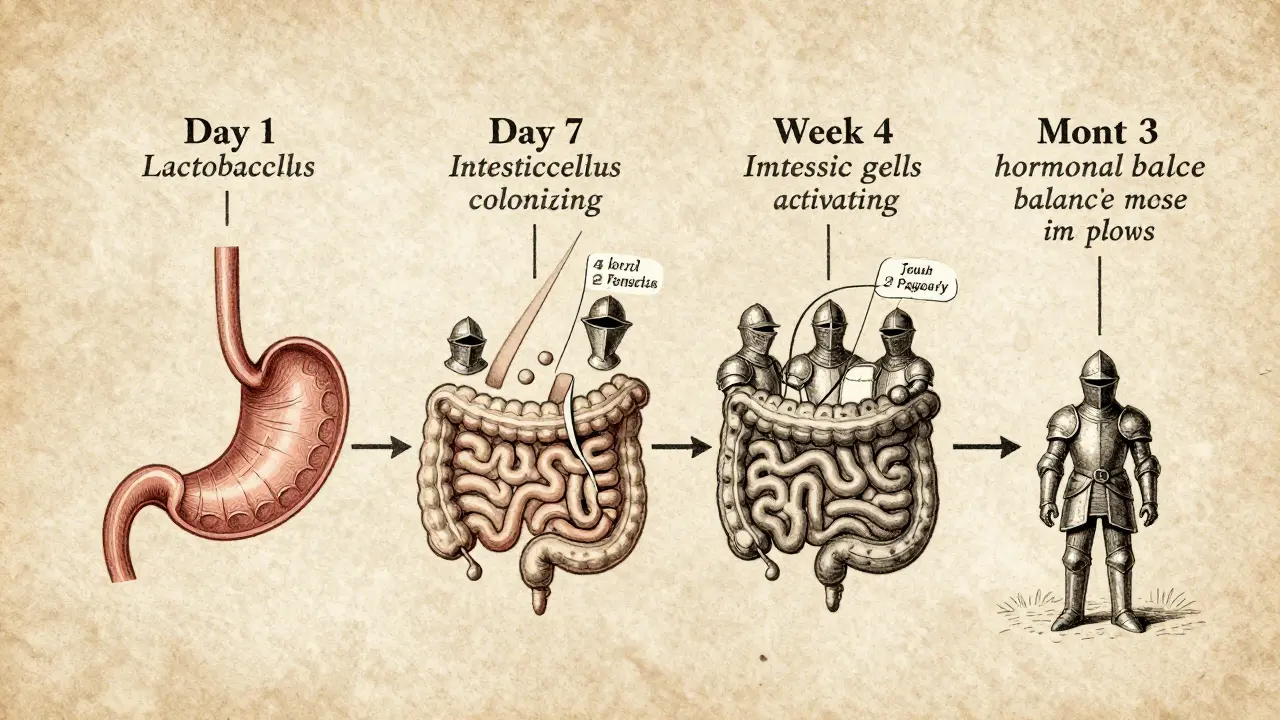 Vintage vědecký diagram zobrazující postupný účinek laktobacilů na tělo během týdnů a měsíců.