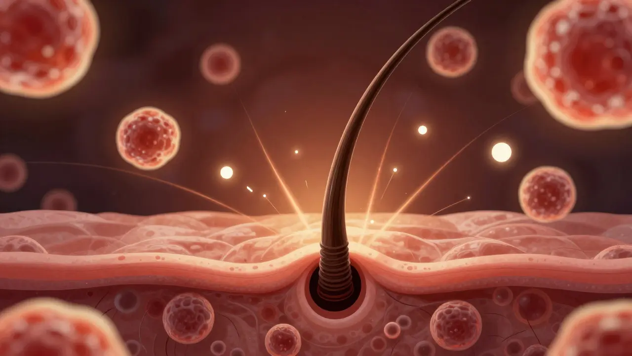 Vlasový folikul s chloupkem, který se zacyklil pod kůží, obklopený imunitními buňkami.