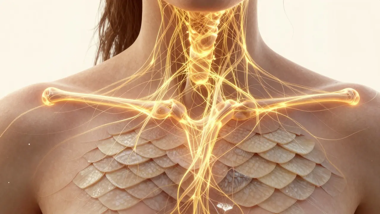 Vnitřní struktura kůže, vlasů a kloubů obklopená zlatými kolagenovými vlákny z rybích šupin.