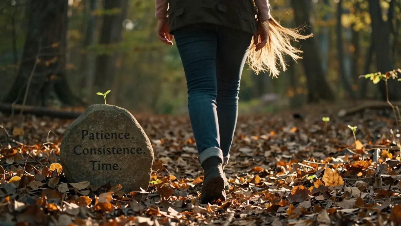 Žena kráčí lesem při západu slunce, u jejích dočasně řídkých vlasů se objevují nové vlasíčky, kolem ní listy.