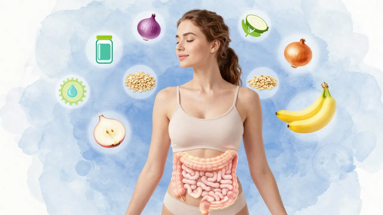 Žena s jasnou pokožkou a symboly probiotik a prebiotik v okolí, klidná atmosféra.