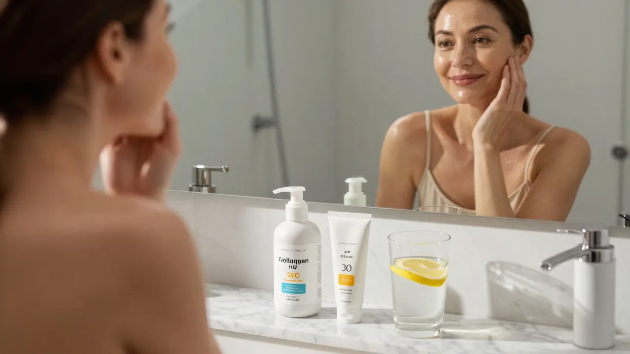 Žena s zářivou pokožkou v koupelně s doplňkem kolagenu a krémem se SPF.