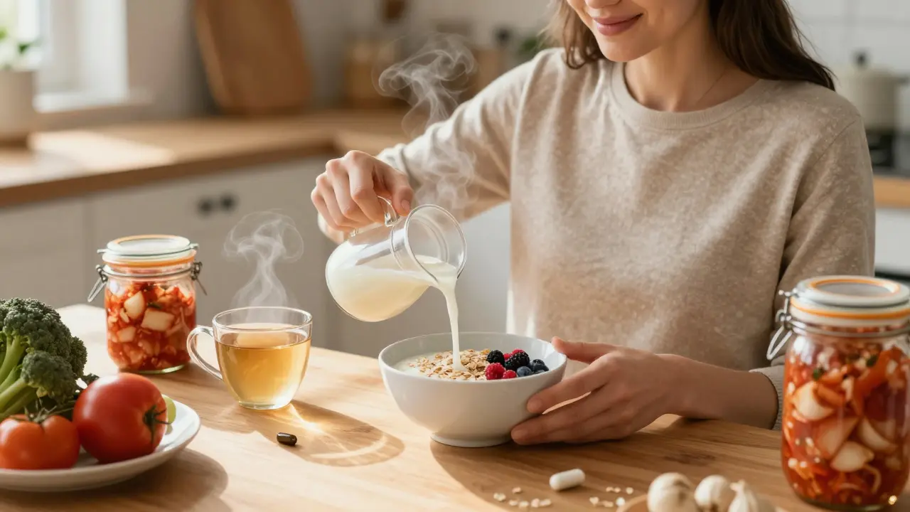 Žena v kuchyni podává kefír s oveskou a bobulemi, probiotikum vedle.