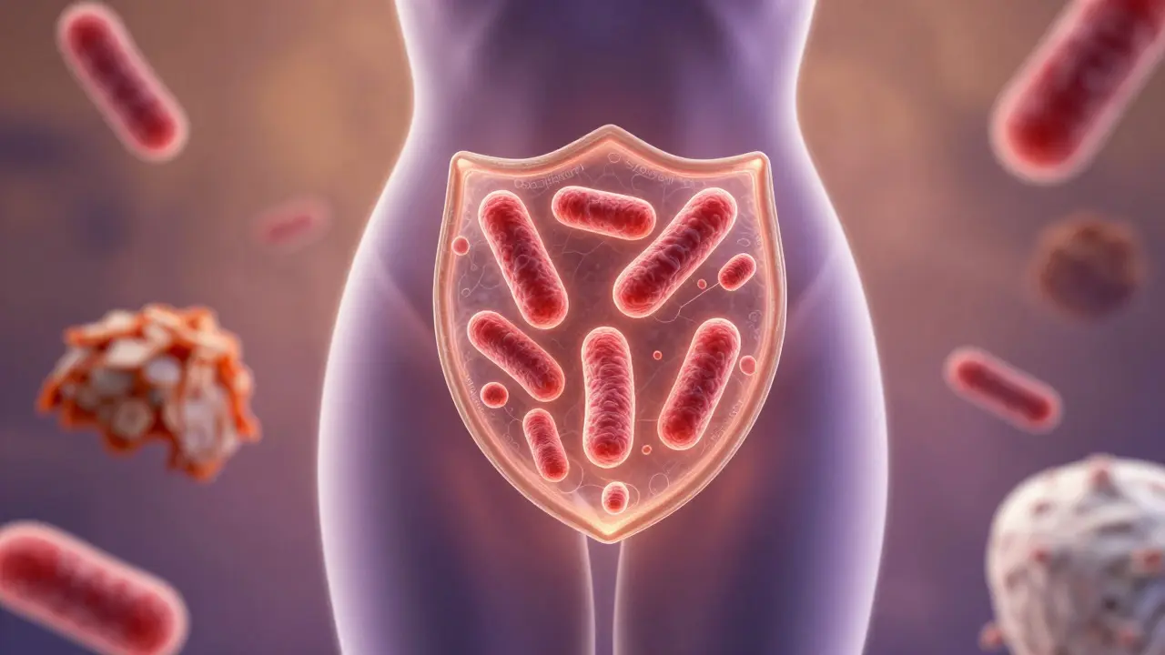 Ženský silueta s ochrannou vrstvou laktobacilů ve vagíně proti škodlivým bakteriím.