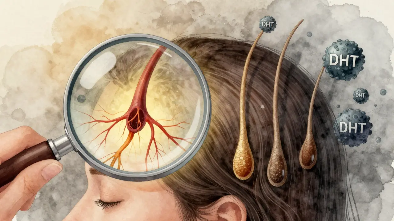 Zvětšený pohled na pokožku hlavy: zdravé a oslabené vlasové folikuly vedle sebe, symbolizující hormonální nerovnováhu.