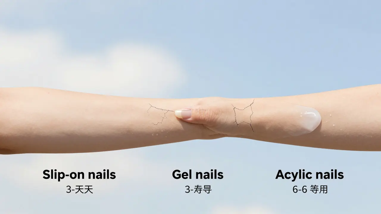Chronologická reprezentace trvanlivosti různých typů nehtů na lidské ruce s vyznačenými obdobími.
