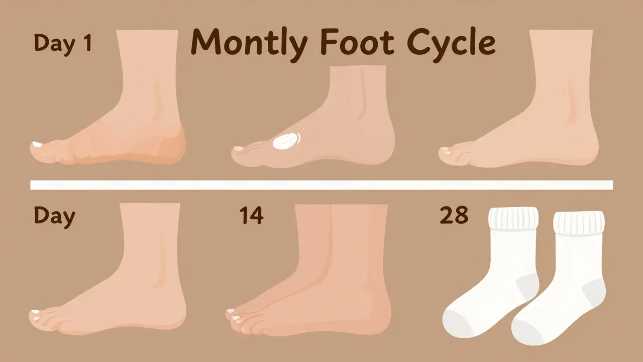 Čtyři scény měsíčního plánu péče o nohy: broušení, krém, opakování a hladká kůže.