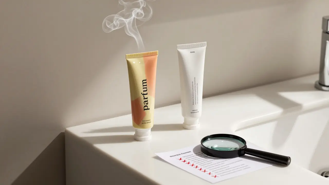 Dva krémy na stole – jeden barvivý s tajnými přísadami, druhý jednoduchý s jen třemi složkami.