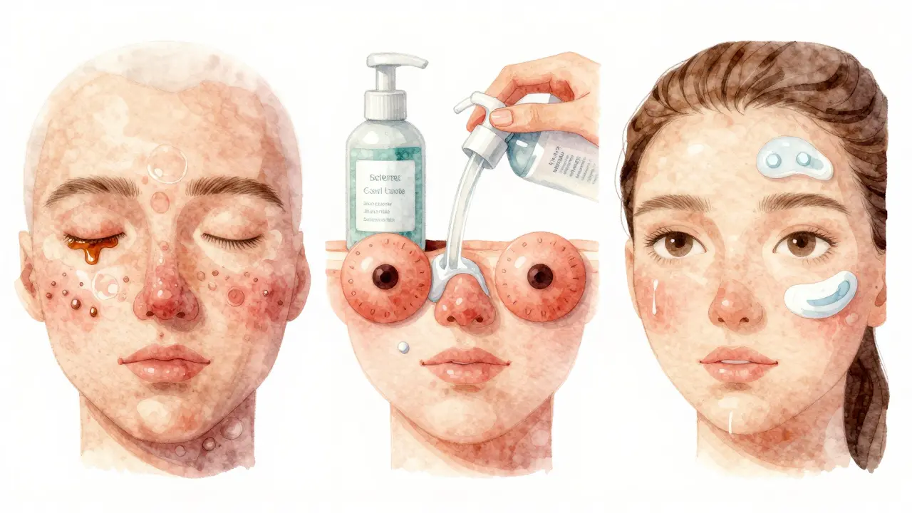 Ilustrace kroků za krokem: čištění, exfoliace a hydratace pro odstranění černých teček.