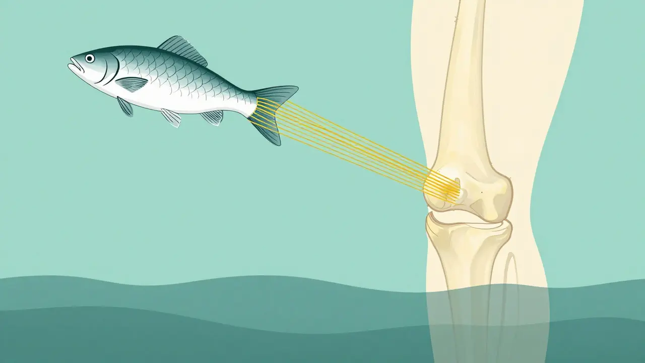 Mořské ryby a kolagenové vlákna spojující se s kolenním kloubem jako symbol přirozené podpory kloubů