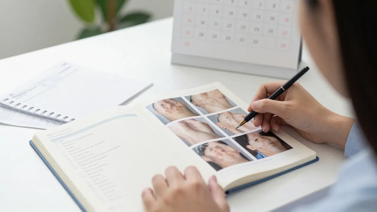 Pacient připravuje seznam příznaků a fotografií změn kůže pro návštěvu dermatologa.