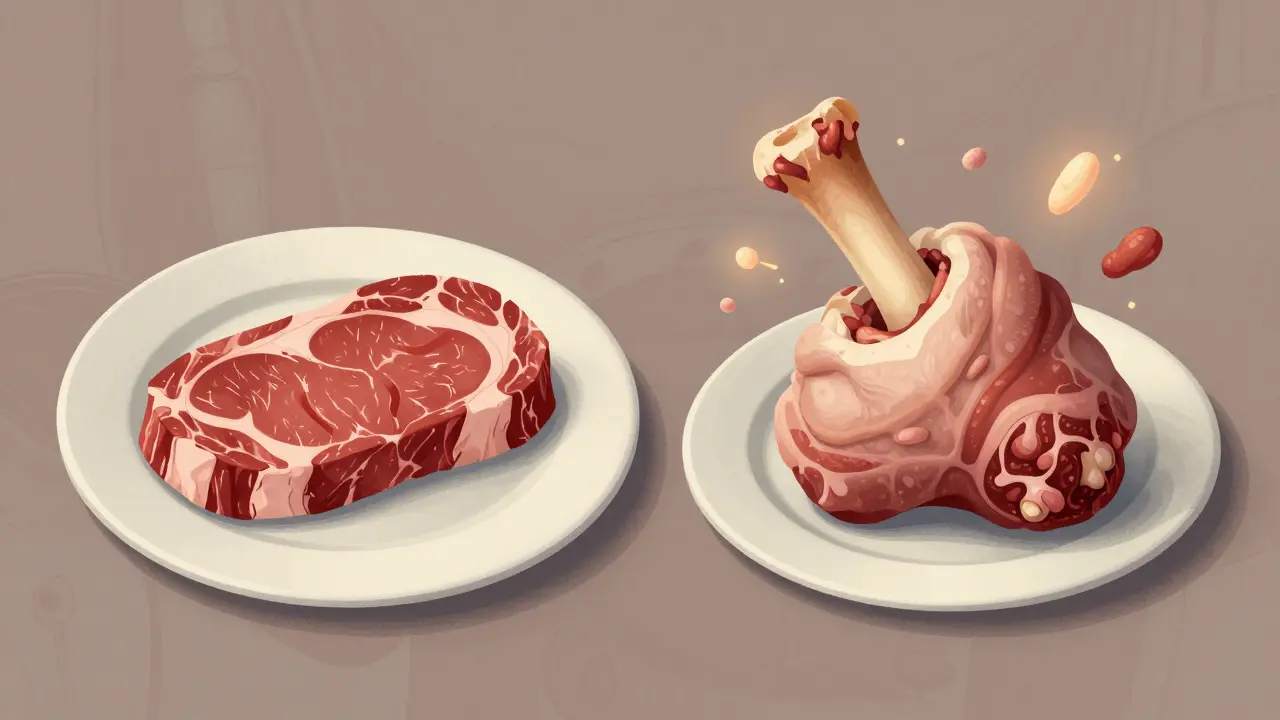 Porovnání kusu hovězího steaku a kosti s tkáněmi, s vize kolagenu jako jemných vláken.