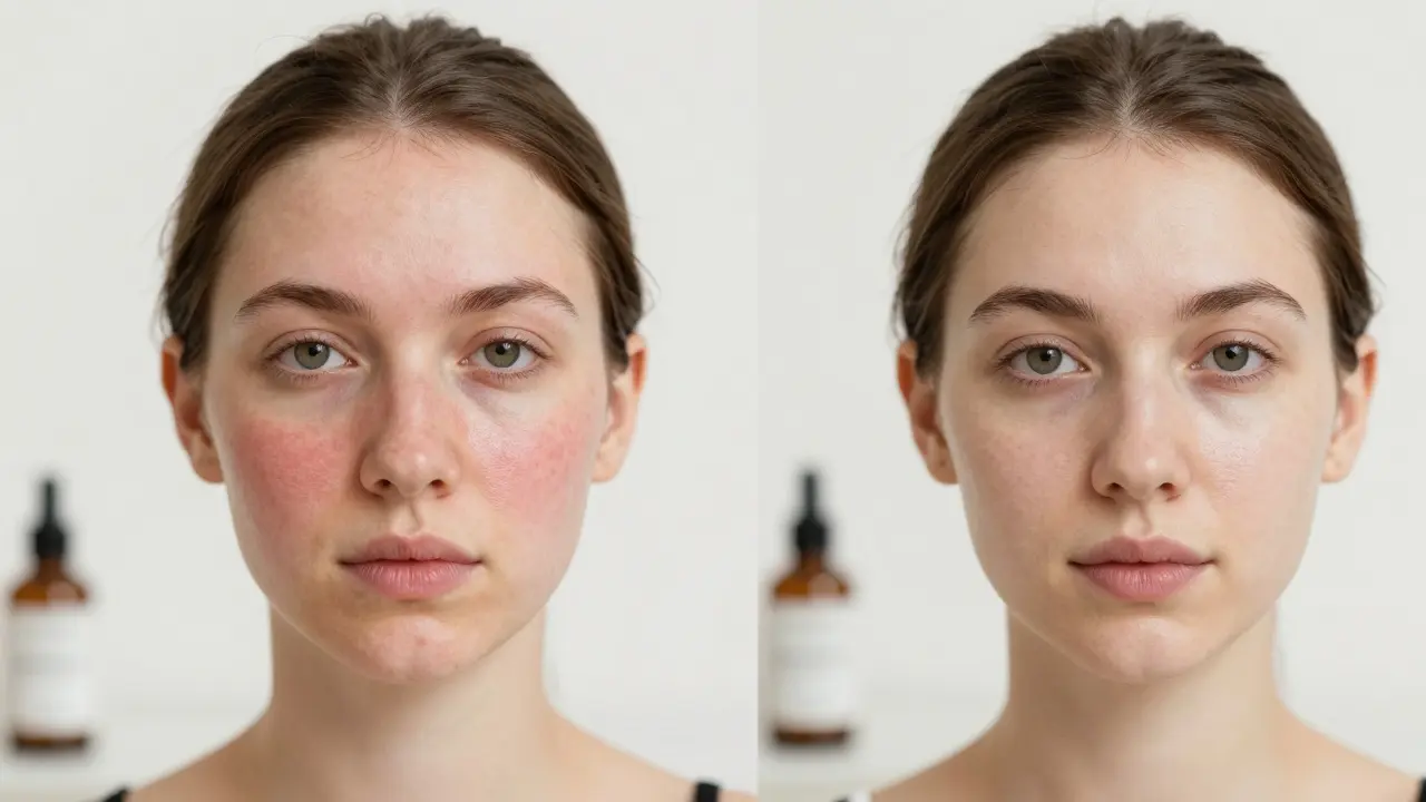 Porovnání pleti před a po 12 týdnech používání retinolu – zlepšení textury a jasnosti.