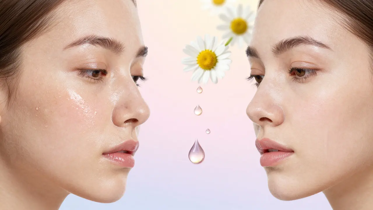 Převaha znečištěné pleti na jedné straně a vyvážená, zdravá pleť na druhé.